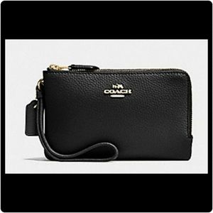 Coach Double Corner Zip Wristlet - Black Leather